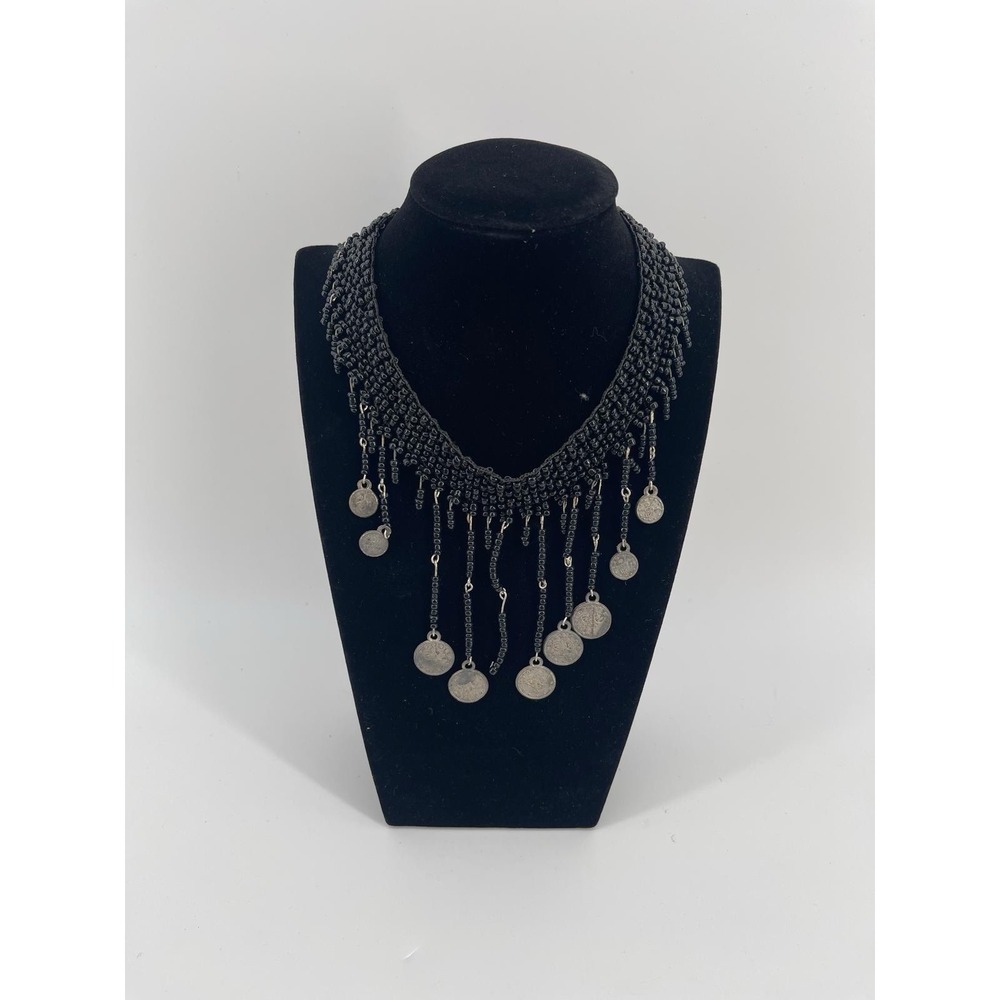 Vintage Boho Coin‎ Necklace Black Beaded Fringe Tribal Gypsy Statement Bib